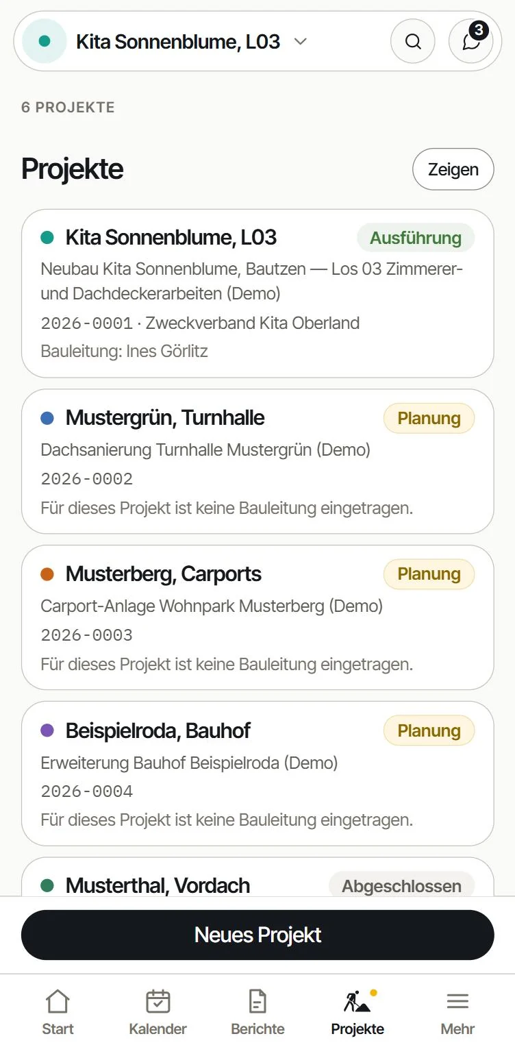 Projekte in der App: sechs Projekte mit Status Ausführung, Planung und Abgeschlossen, Projektnummer und Bauleitung