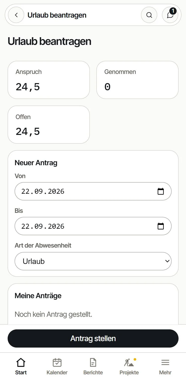 Urlaub beantragen in der App: Anspruch, genommene und offene Tage, darunter der neue Antrag mit Von, Bis und Art der Abwesenheit