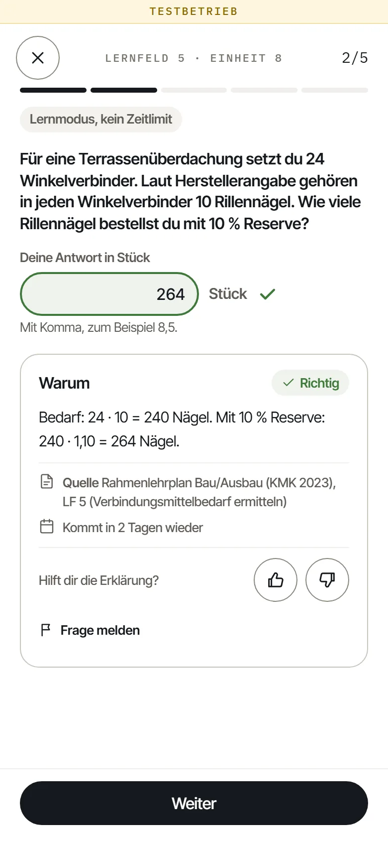 Richtig gelöste Rechenfrage zum Nagelbedarf mit 10 Prozent Reserve, 264 Stück, darunter Rechenweg und Quelle