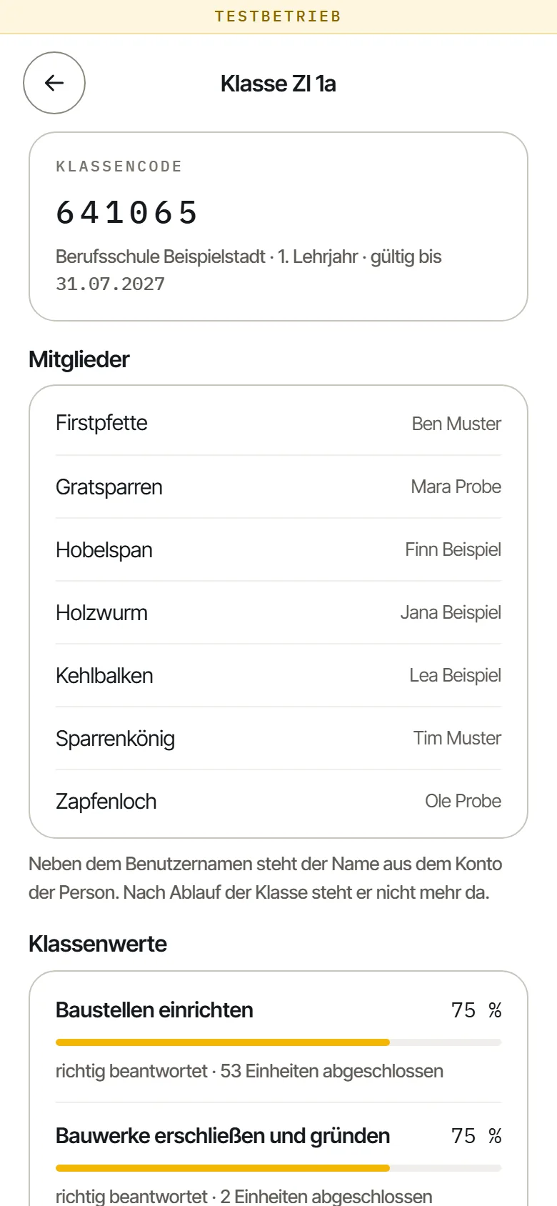 Klassenansicht der Lehrkraft für die Klasse ZI 1a mit Klassencode. Darunter die Mitglieder und die Klassenwerte je Lernfeld in Prozent