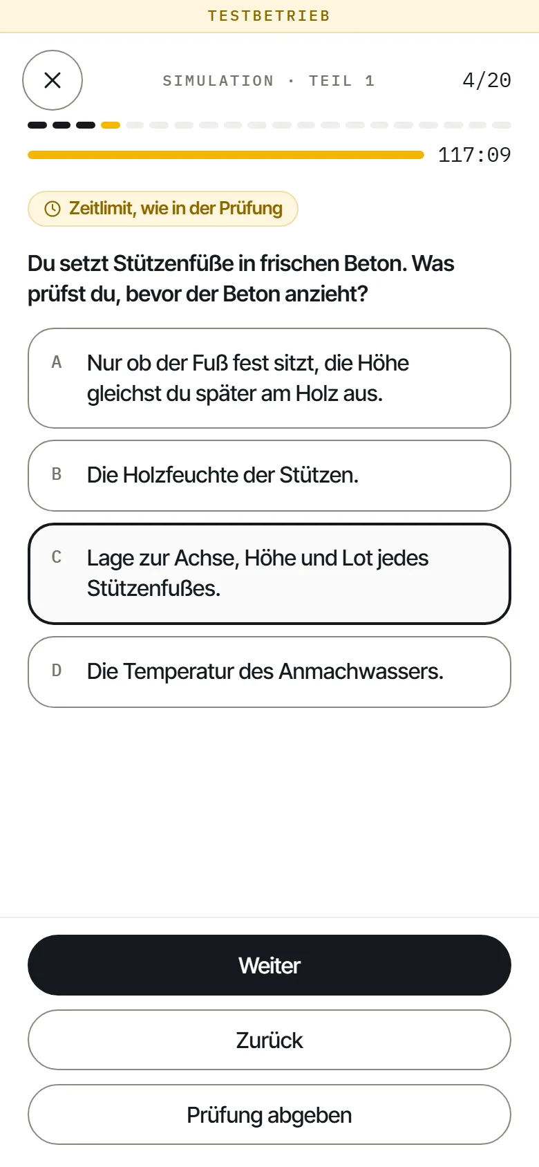 Prüfungstraining Gesellenprüfung Teil 1 bei Aufgabe 4 von 20, mit laufender Restzeit und gewählter Antwort