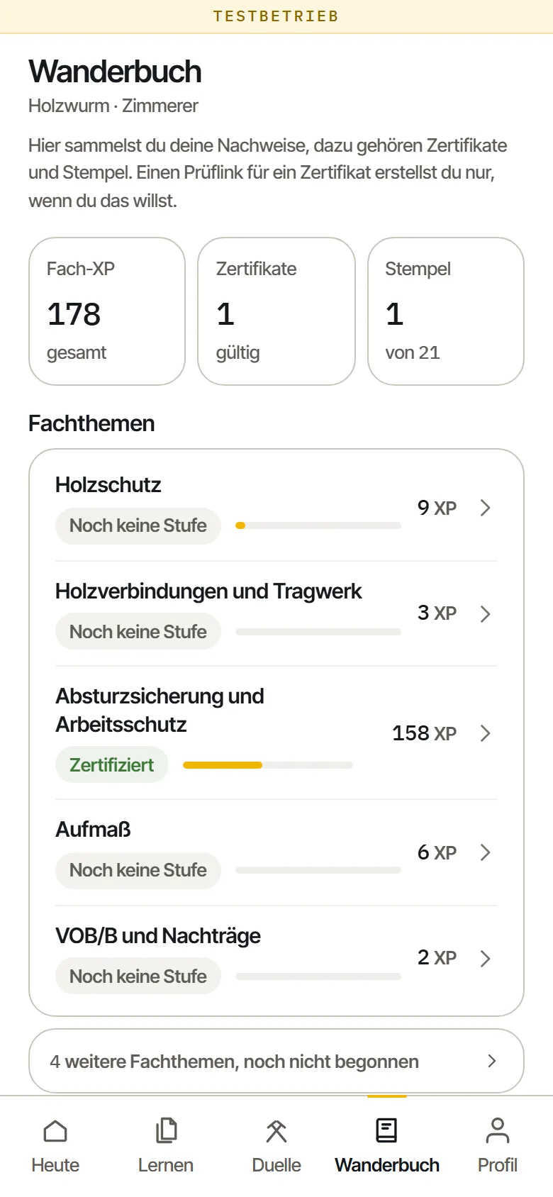 Wanderbuch mit Fach-XP, einem gültigen Zertifikat und den Fachthemen, eines davon mit der Stufe Zertifiziert