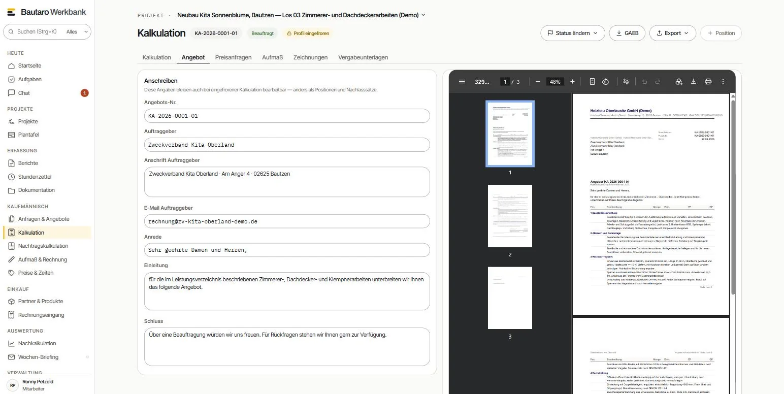 Angebot in der Werkbank: links Anschreiben mit Angebotsnummer, Auftraggeber, Anrede, Einleitung und Schluss, rechts die PDF-Vorschau mit Briefkopf des Betriebs und allen Positionen
