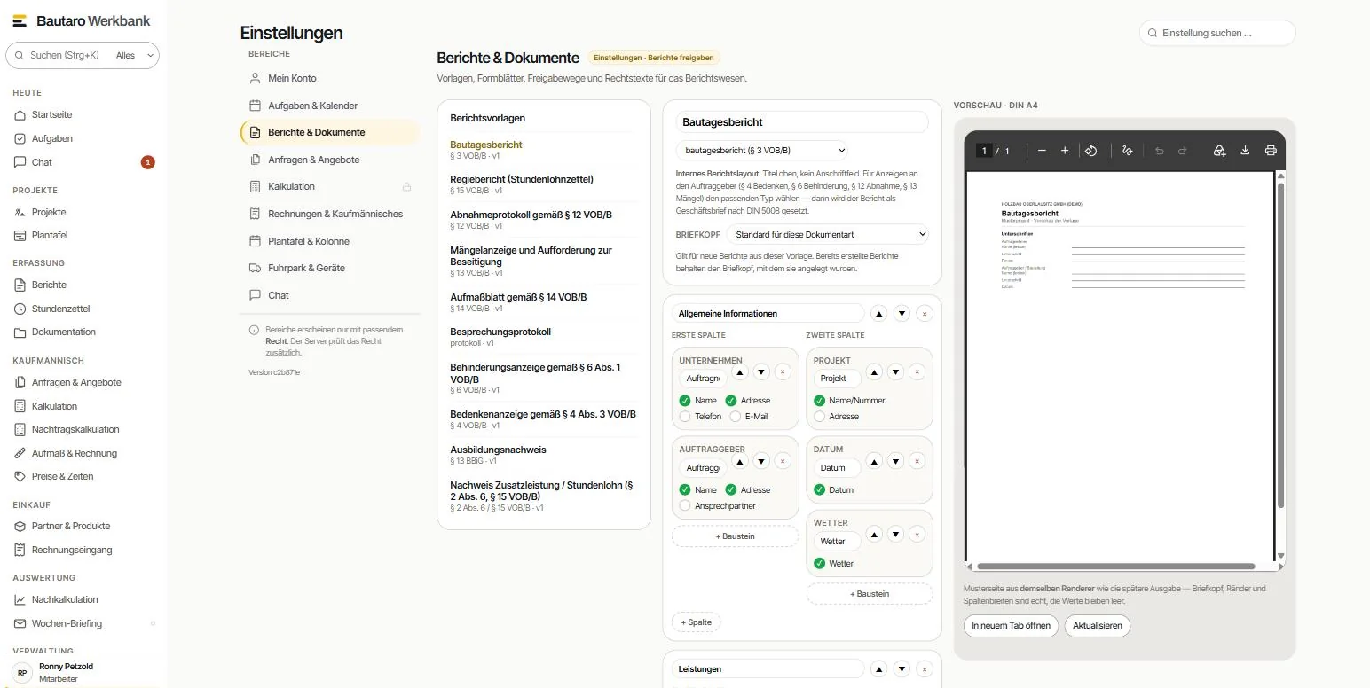 Berichtsvorlagen in den Einstellungen der Werkbank: links zehn Vorlagen, in der Mitte der Bautagesbericht mit Bereichen und Bausteinen, rechts die A4-Vorschau