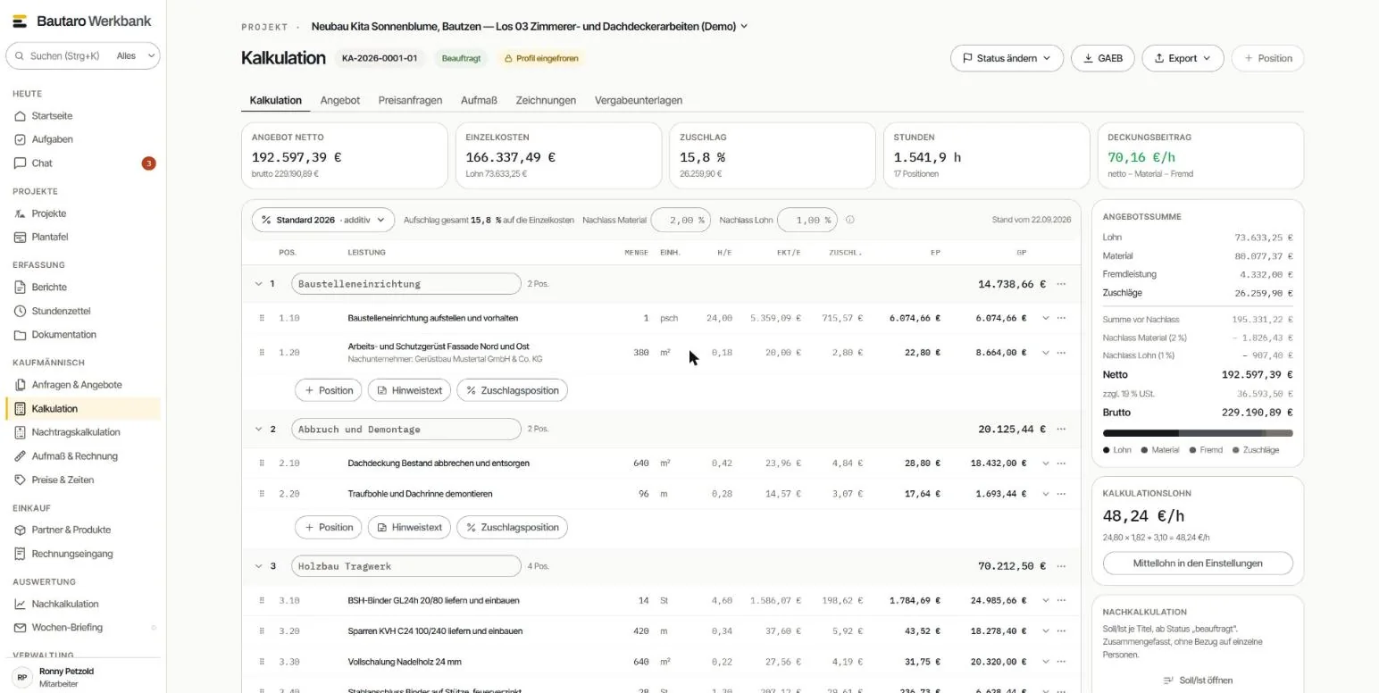 Die Kalkulation der Werkbank: Angebotssumme, Einzelkosten, Zuschlag und Deckungsbeitrag je Stunde nebeneinander, darunter die Positionen des Leistungsverzeichnisses mit Menge, Einheit und Einheitspreis.