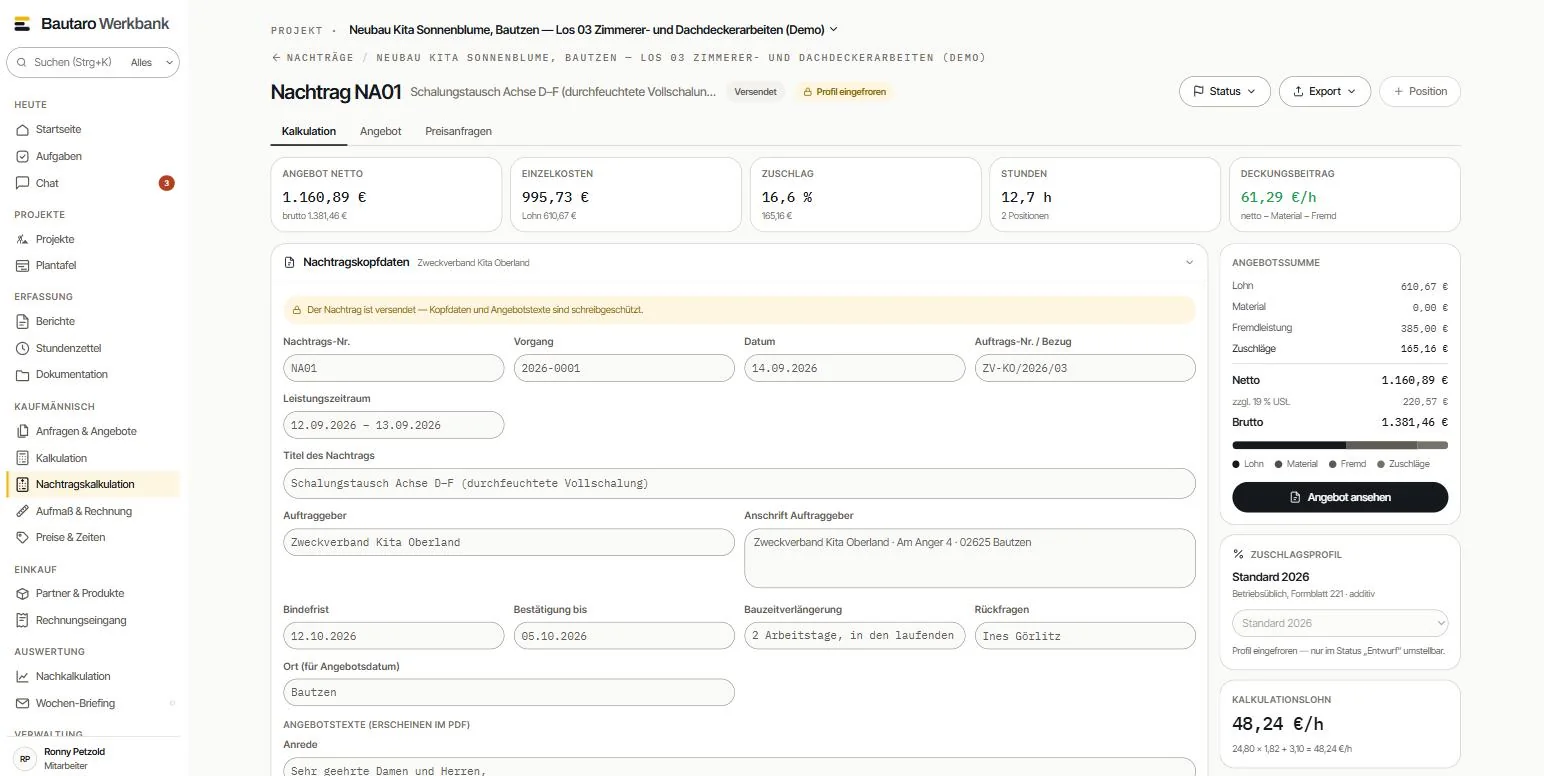 Nachtrag NA01 in der Werkbank: Schalungstausch Achse D bis F, Angebot netto 1.160,89 €, Zuschlag 16,6 %, Kopfdaten mit Bindefrist und Bauzeitverlängerung, rechts die Angebotssumme